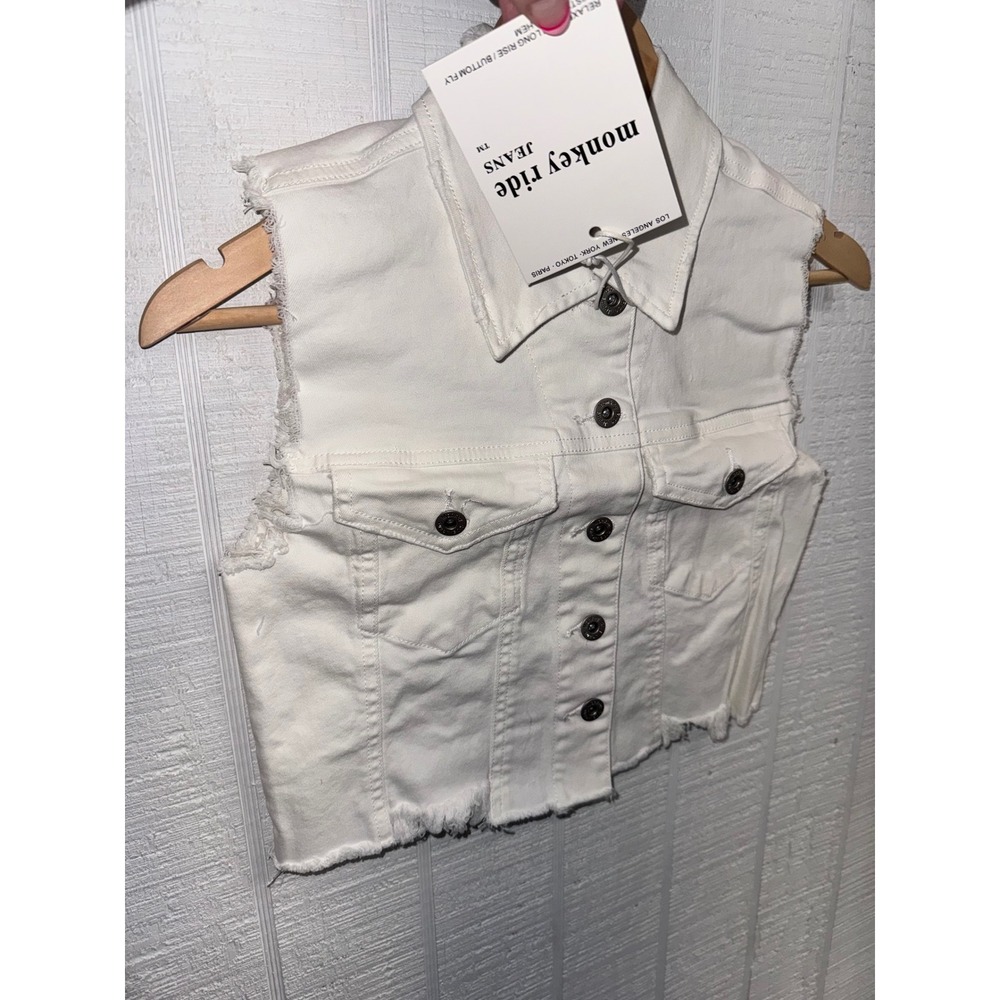 Monkey Ride Jeans Denim Vest Women White Distressed Cropped Raw Hem S J1606 - Picture 3 of 6